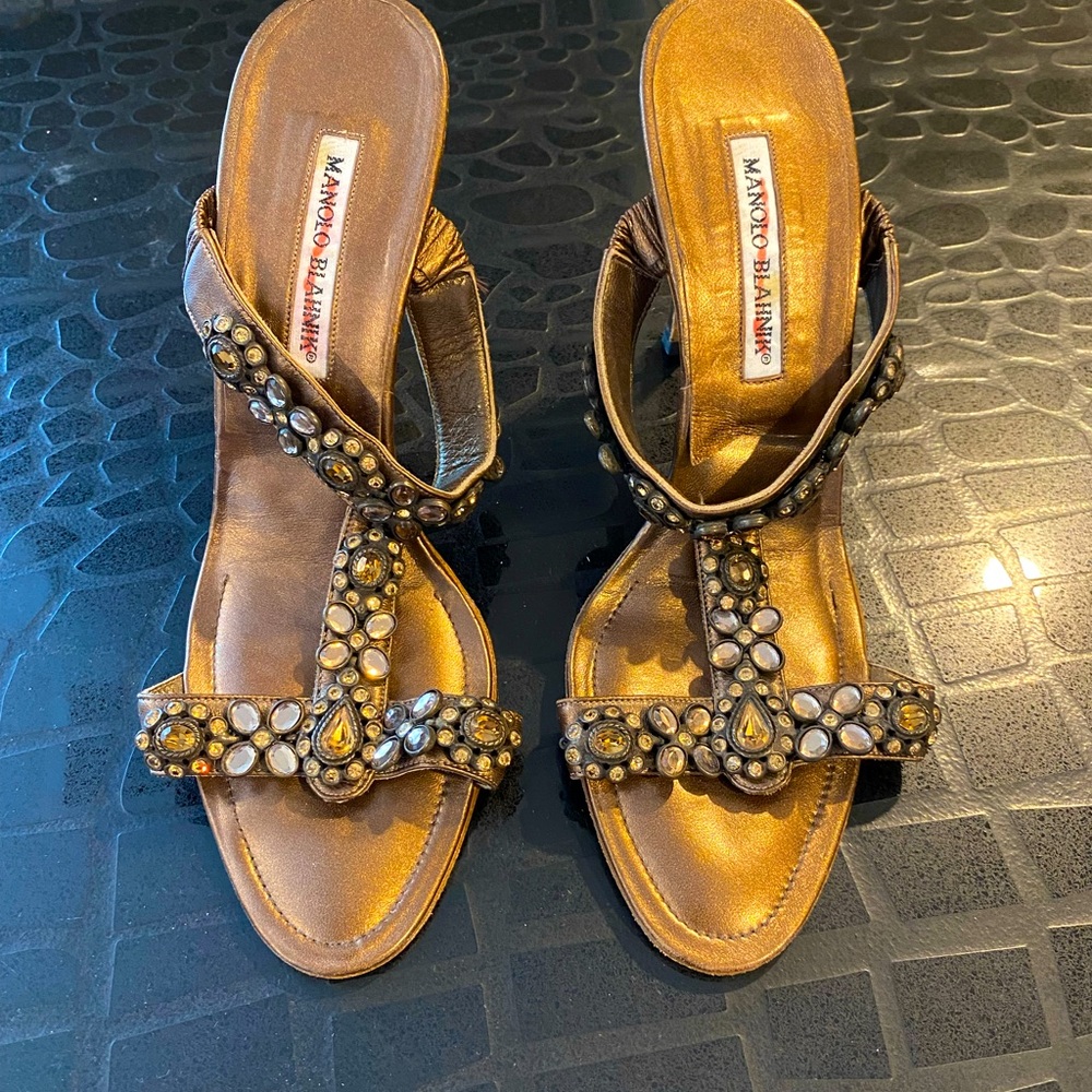 Manolo Blahnik Bronze Gold Jewel Sandal Heel 40